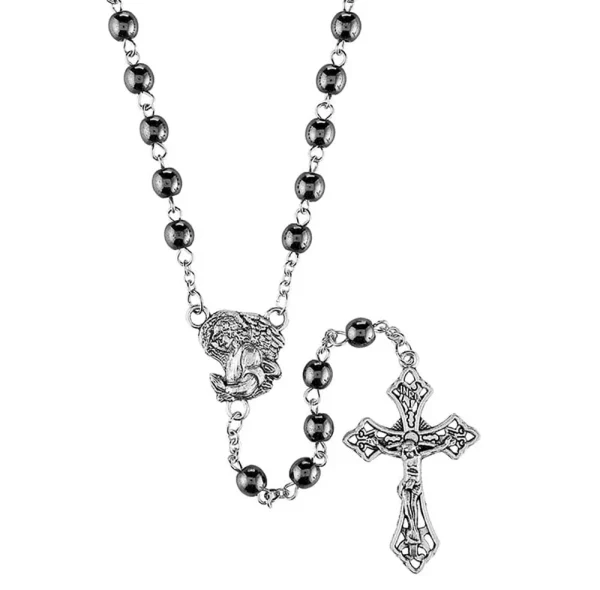 St. Michael the Archangel Center Silver Plate Rosary 8mm Hematite Beads
